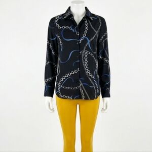Chelsea & Theodore Black Button-Front Chain Print Blouse with Blue Accents